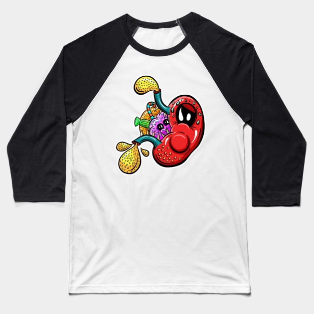 Stomach Overeating! Cartoon Baseball T-Shirt by Squeeb Creative